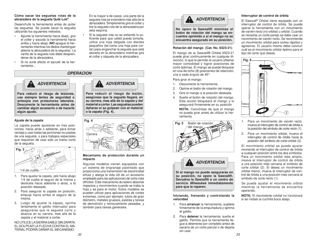 Milwaukee 6520-21, 6538-21 manual Operacion Advertencia 