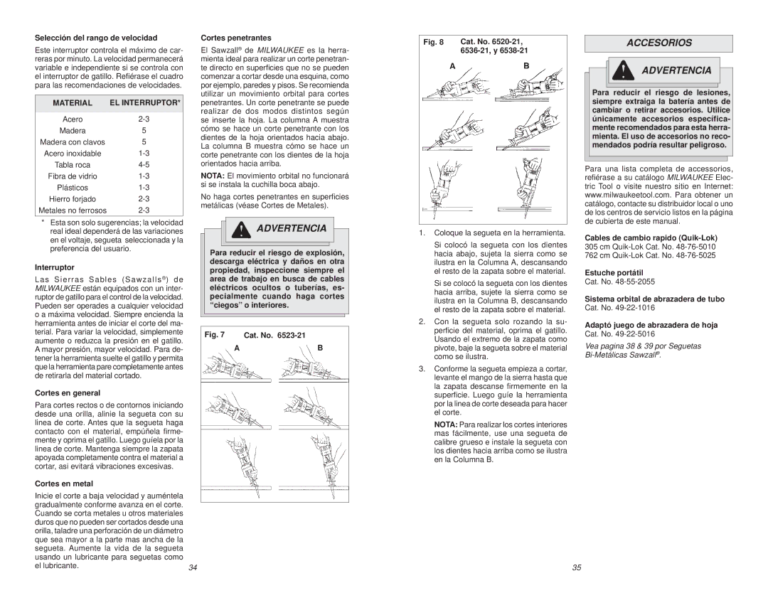 Milwaukee 6538-21, 6520-21 manual Accesorios Advertencia 
