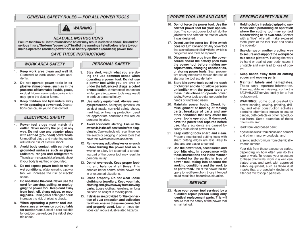 Milwaukee 6538-21 Power Tool USE and Care, Specific Safety Rules, Work Area Safety, Electrical Safety Personal Safety 