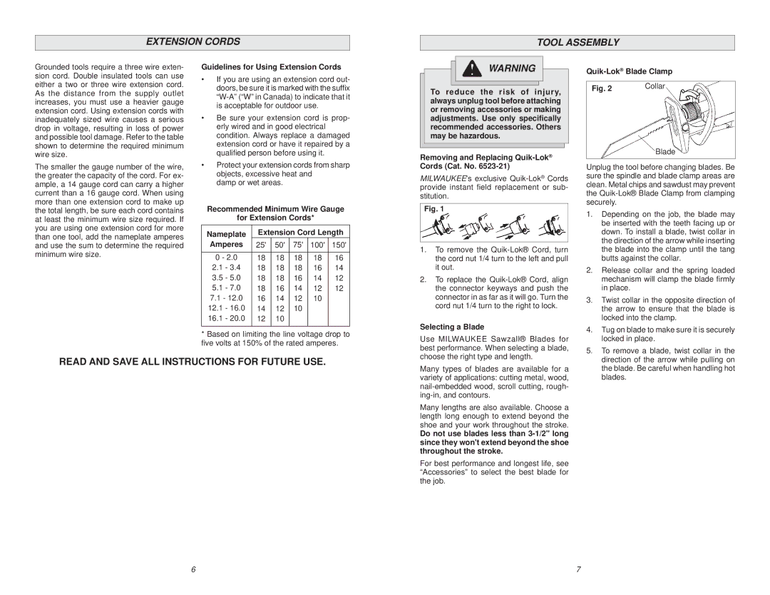 Milwaukee 6538-21, 6520-21 manual Extension Cords Tool Assembly, Guidelines for Using Extension Cords, Selecting a Blade 