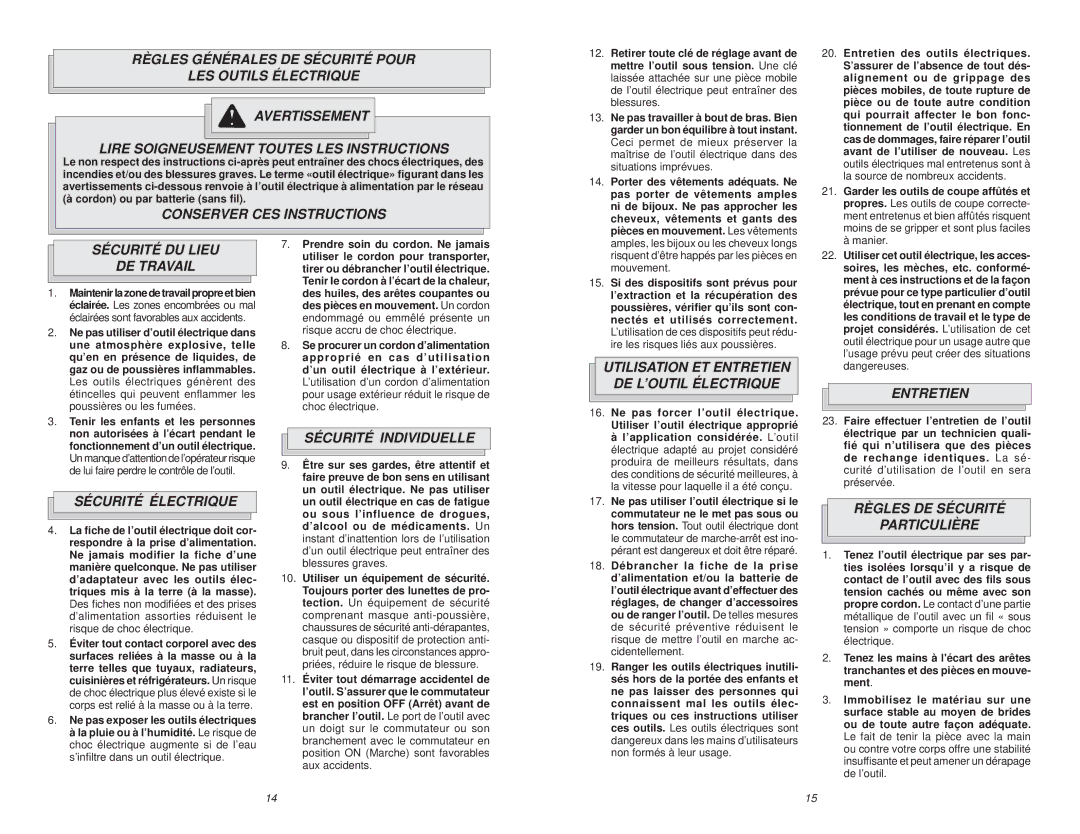 Milwaukee 6538-21 Conserver CES Instructions, Sécurité DU Lieu DE Travail, Sécurité Électrique, Sécurité Individuelle 