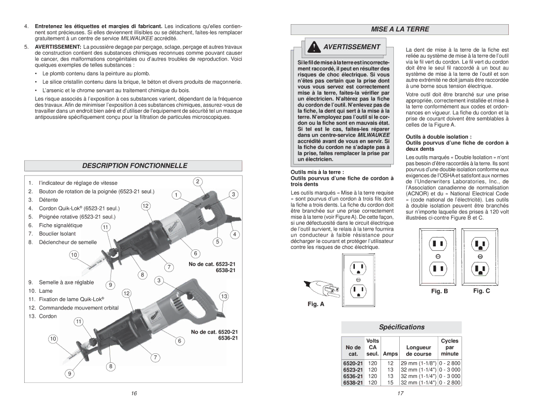 Milwaukee 6520-21, 6538-21 manual Mise a LA Terre, Description Fonctionnelle Avertissement, Spéciﬁcations 