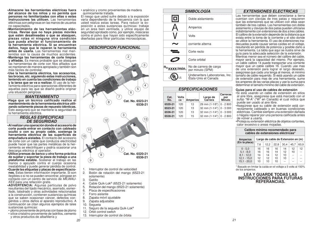 Milwaukee 6523-21 Mantenimiento, Reglas Especificas DE Seguridad, Descripcion Funcional, Simbología, Especificaciones 