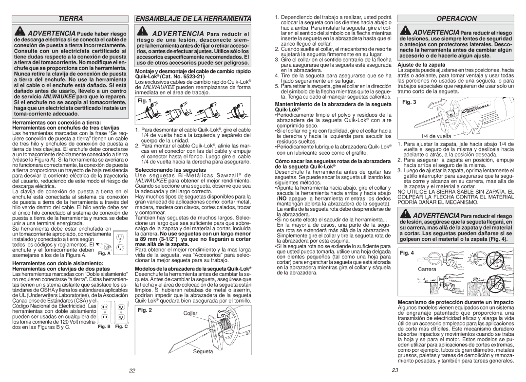 Milwaukee 6538-21, 6536-21, 6520-21, 6523-21 manual Tierra, Ensamblaje DE LA Herramienta, Operacion 