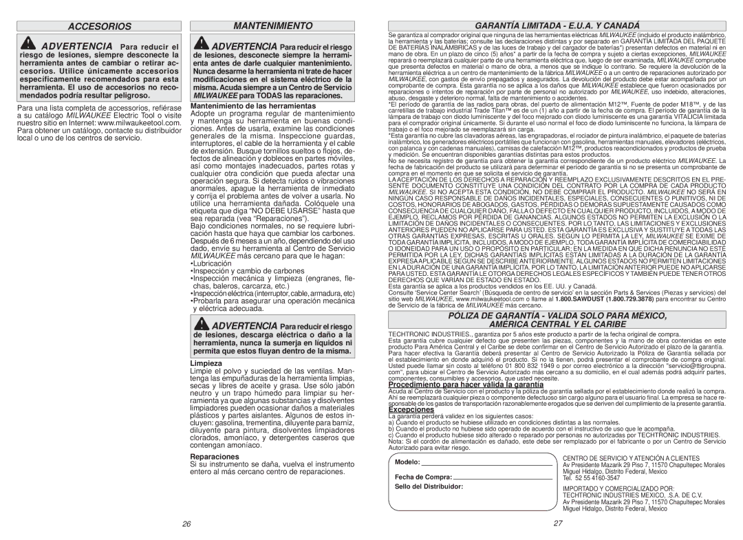 Milwaukee 6520-21, 6538-21, 6536-21, 6523-21 manual Accesorios, Garantía Limitada E.U.A. Y Canadá 