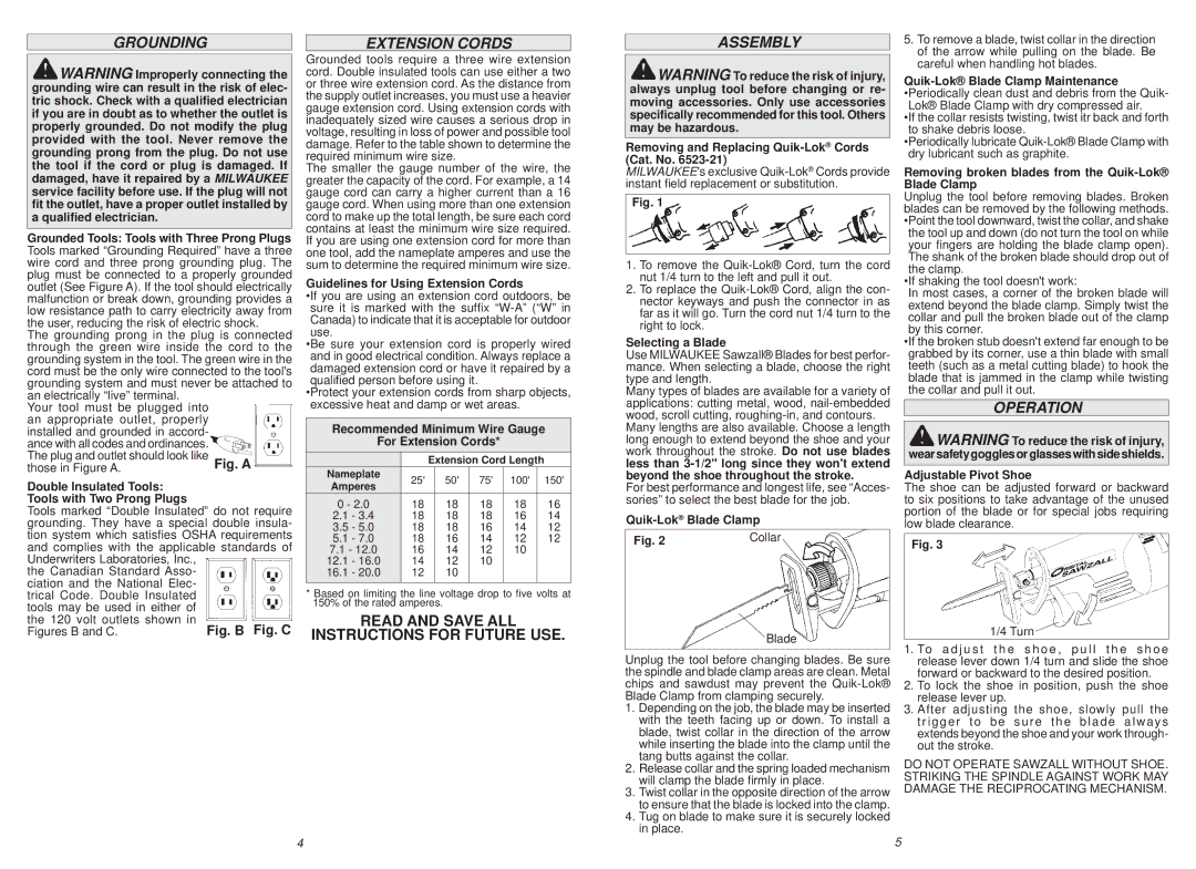 Milwaukee 6523-21, 6538-21, 6536-21, 6520-21 manual Grounding, Extension Cords, Assembly, Operation 