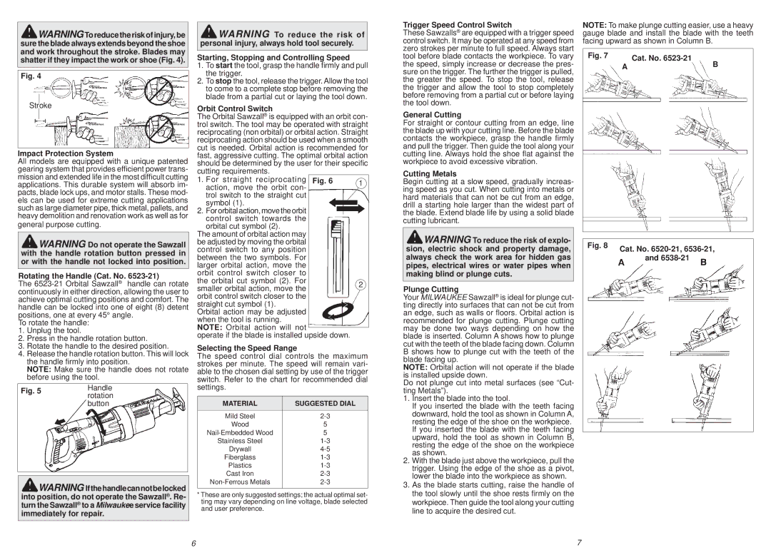 Milwaukee 6538-21, 6536-21 Impact Protection System, Rotating the Handle Cat. No, Starting, Stopping and Controlling Speed 