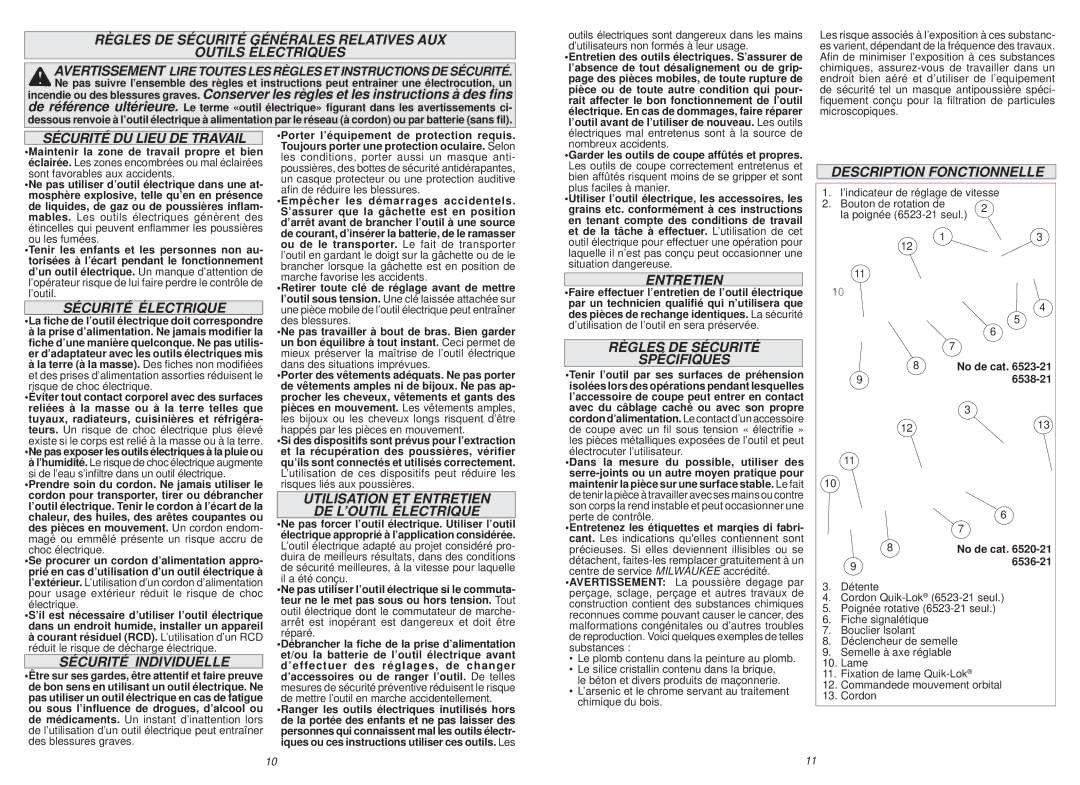 Milwaukee 6520-21, 6538-21, 6536-21 Sécurité DU Lieu DE Travail, Description Fonctionnelle, Sécurité Électrique, Entretien 
