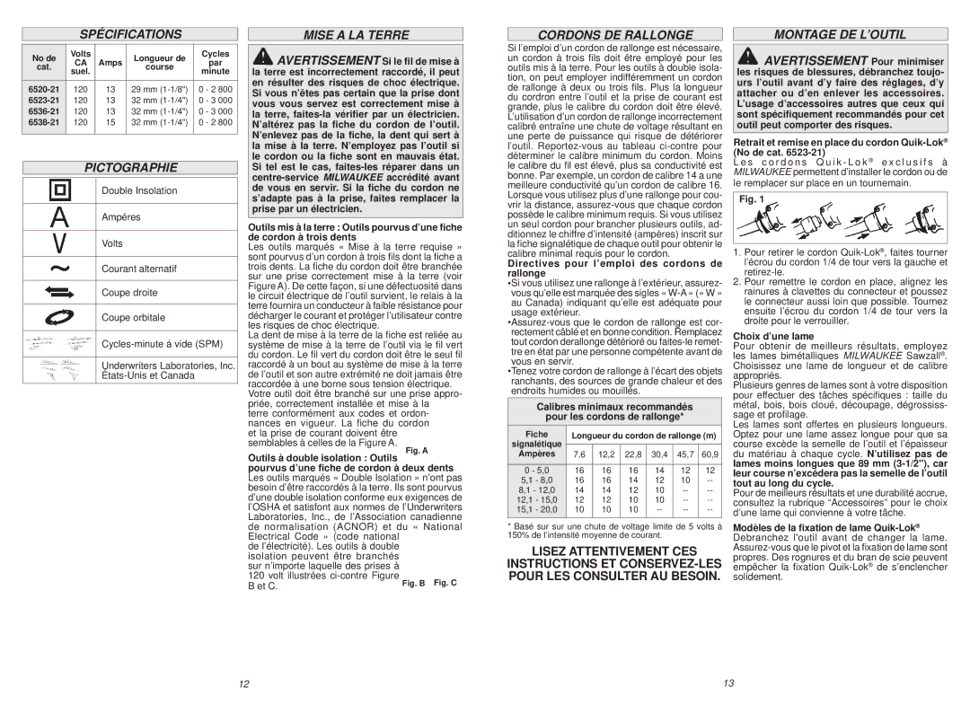 Milwaukee 6523-21, 6538-21, 6536-21 Spécifications, Pictographie, Mise a LA Terre, Cordons DE Rallonge, Montage DE L’OUTIL 