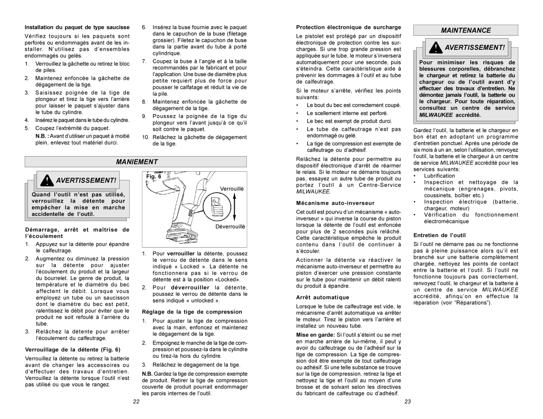 Milwaukee 6560 Series manual Maintenance Avertissement, Maniement 