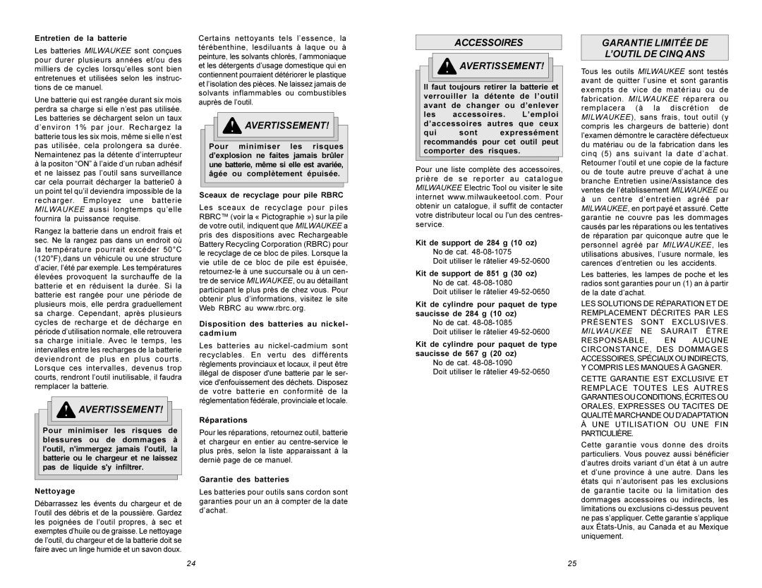 Milwaukee 6560 Series manual Accessoires Avertissement, Garantie Limitée DE ’OUTIL DE Cinq ANS 