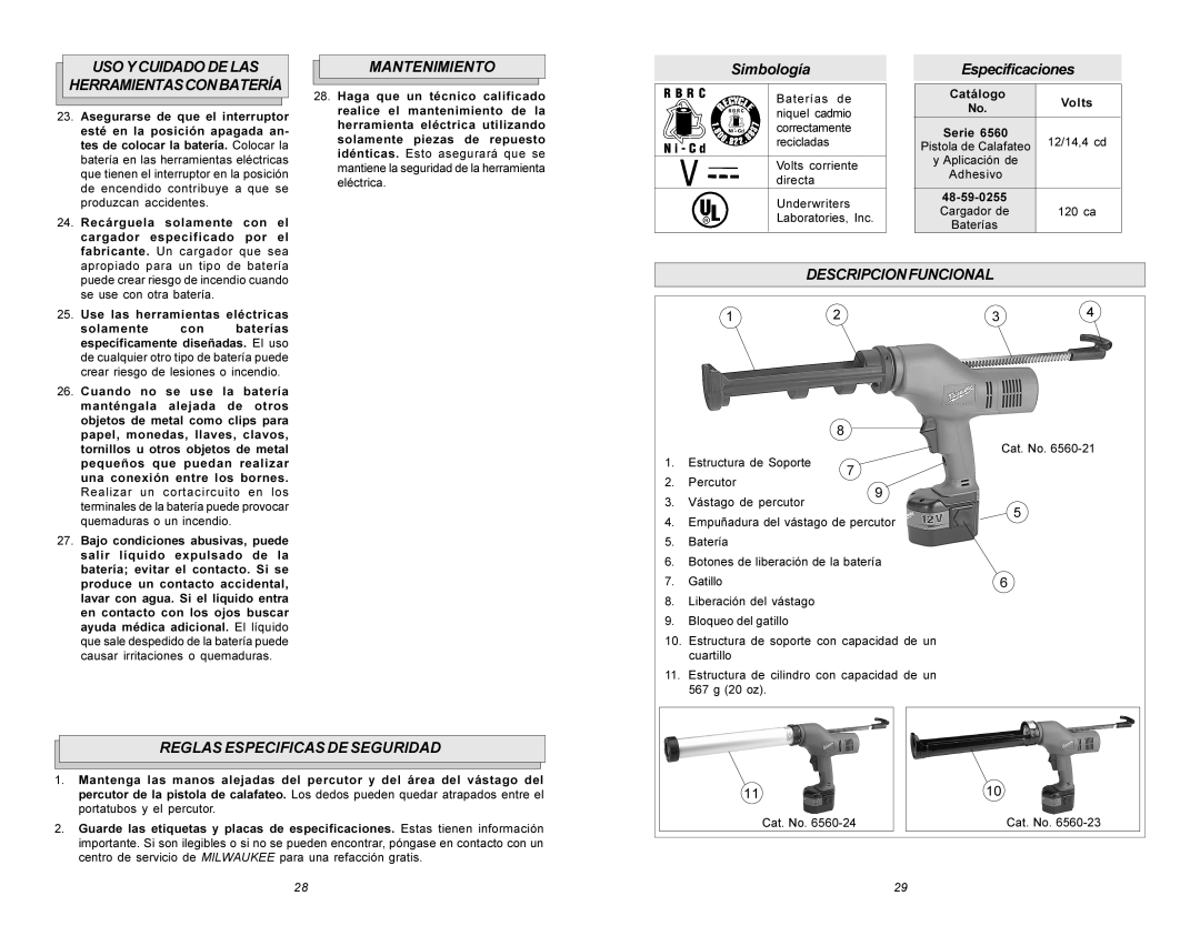 Milwaukee 6560 Series manual USO Y Cuidado DE LAS Herramientasconbatería, Mantenimiento, Descripcionfuncional 