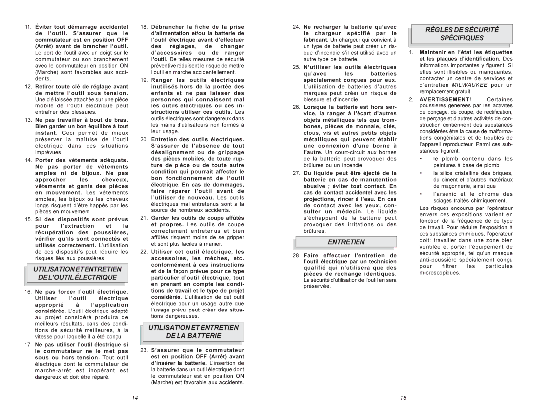 Milwaukee 6560 Series manual Utilisationetentretien DEL’OUTILÉLECTRIQUE, Utilisationetentretien DE LA Batterie, Entretien 