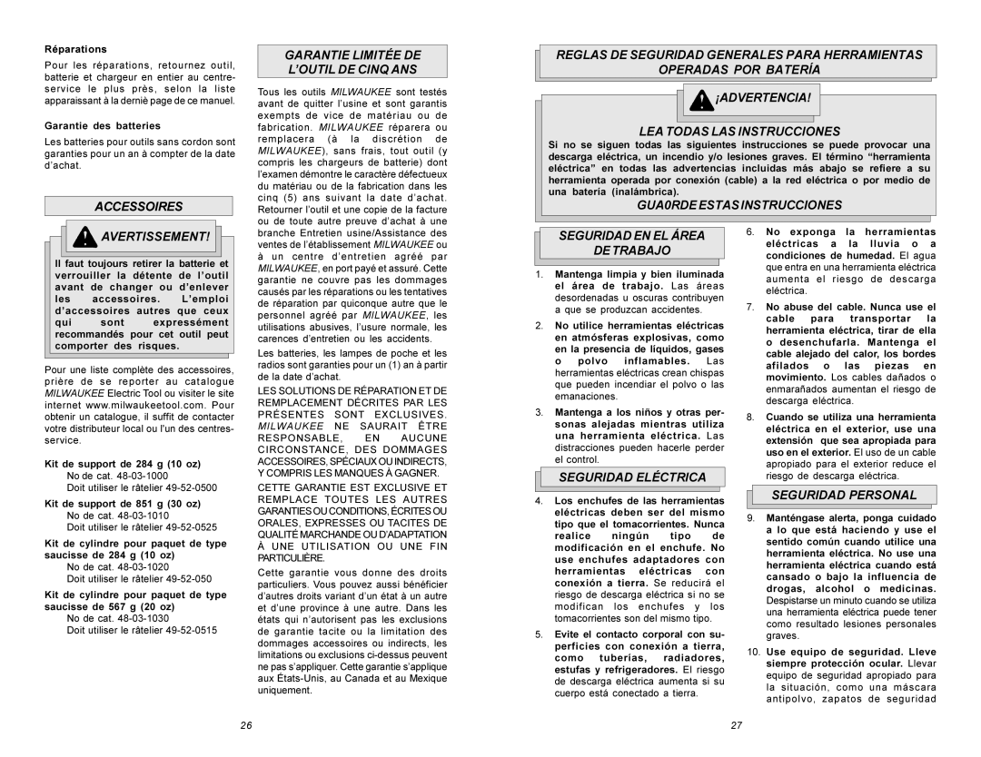 Milwaukee 6560 Series manual Accessoires Garantie Limitée DE ’OUTIL DE Cinq ANS, GUA0RDE Estas Instrucciones Avertissement 