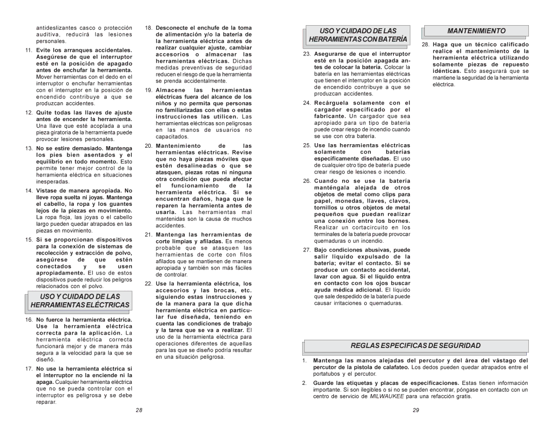 Milwaukee 6560 Series manual USO Y Cuidado DE LAS Herramientaseléctricas, USO Y Cuidado DE LAS Herramientasconbatería 