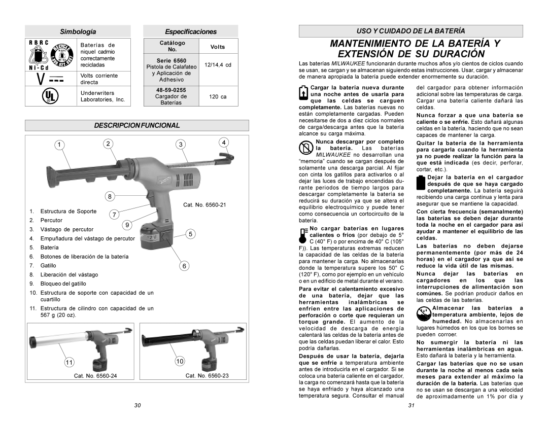 Milwaukee 6560 Series manual USO Y Cuidado DE LA Batería, Descripcionfuncional, Catálogo 