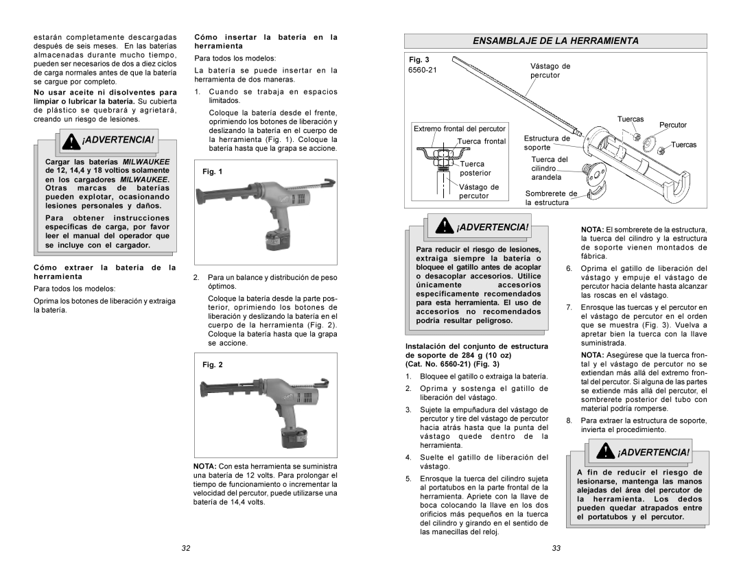 Milwaukee 6560 Series manual Ensamblaje DE LA Herramienta, ¡Advertencia, Cómo insertar la batería en la herramienta 