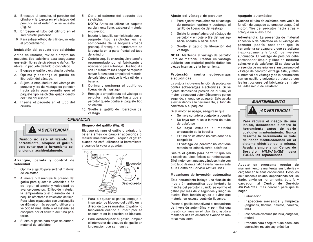 Milwaukee 6560 Series manual Mantenimiento ¡ADVERTENCIA Operacion 