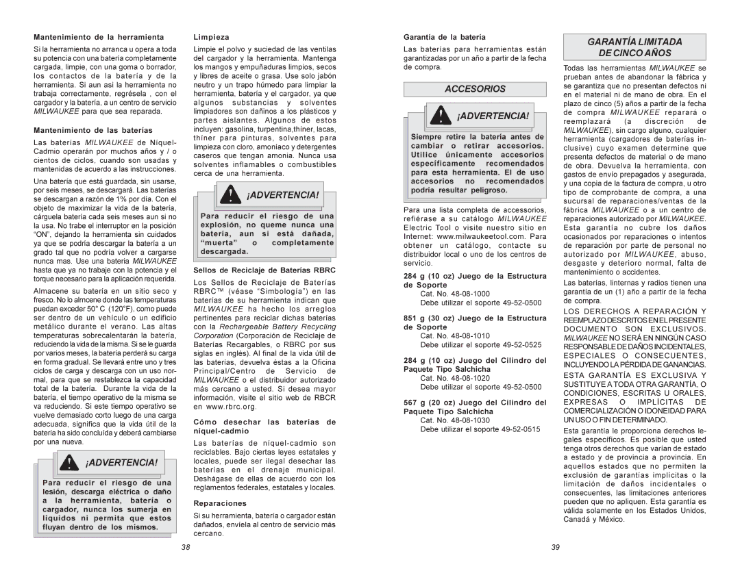 Milwaukee 6560 Series manual Accesorios ¡ADVERTENCIA, Garantía Limitada DE Cinco Años 