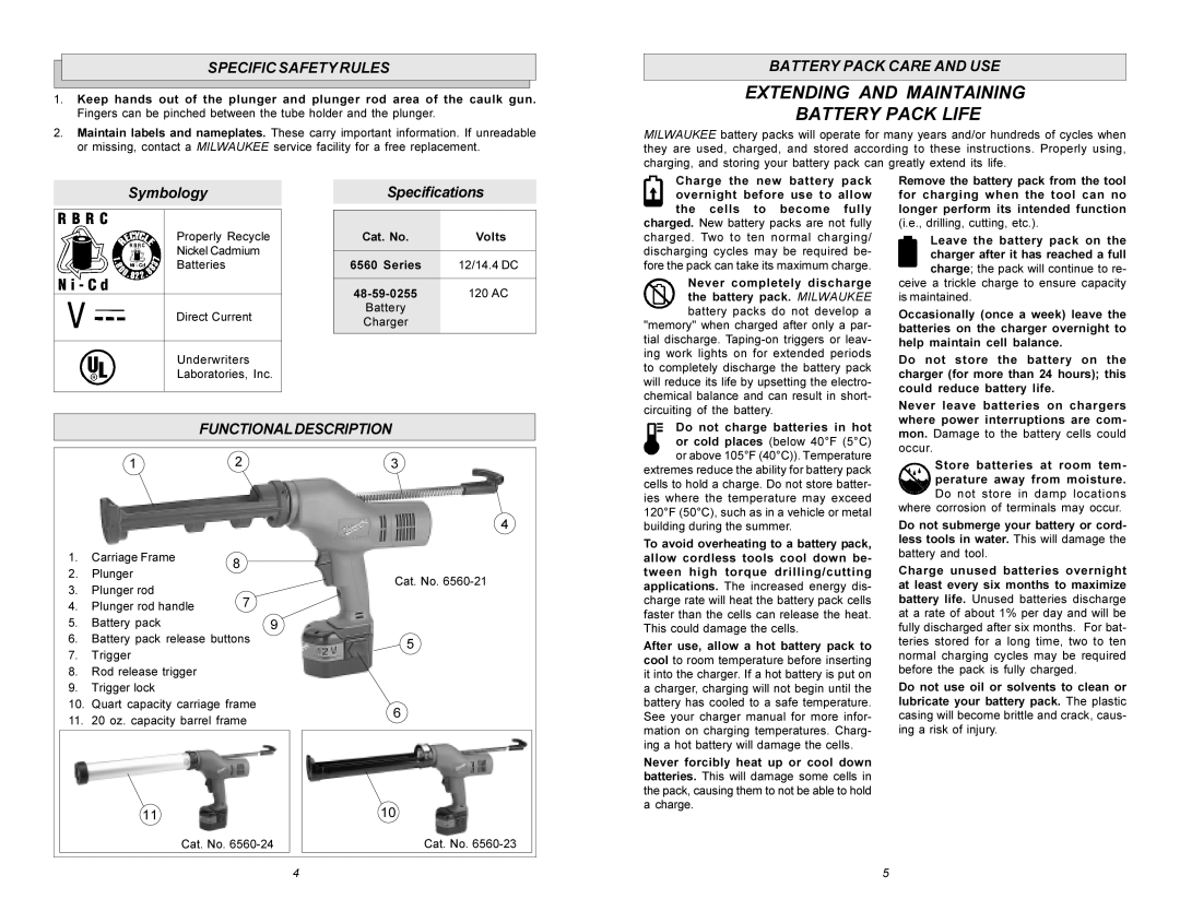 Milwaukee 6560 Series manual Specific Safety Rules, Battery Pack Care and USE, Functionaldescription 