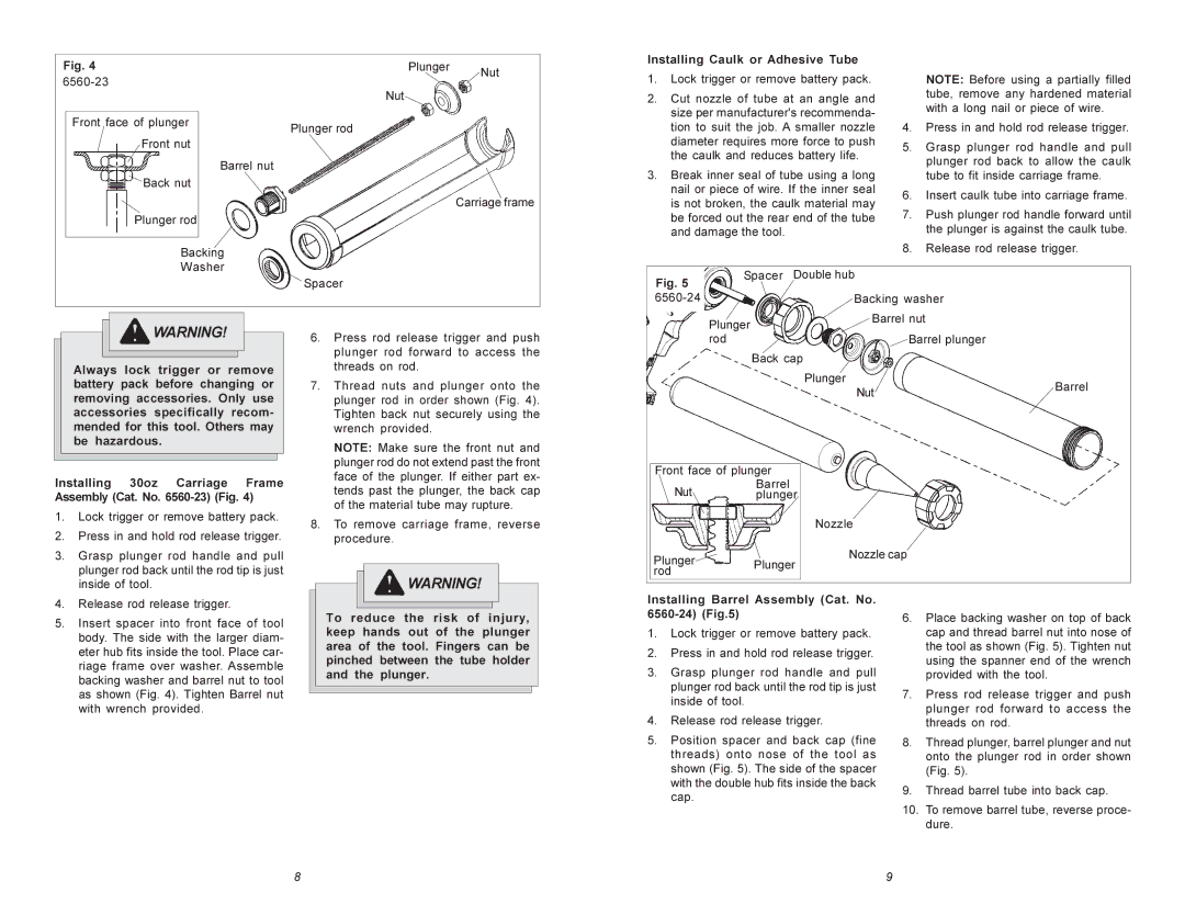 Milwaukee 6560 Series manual Installing Caulk or Adhesive Tube 