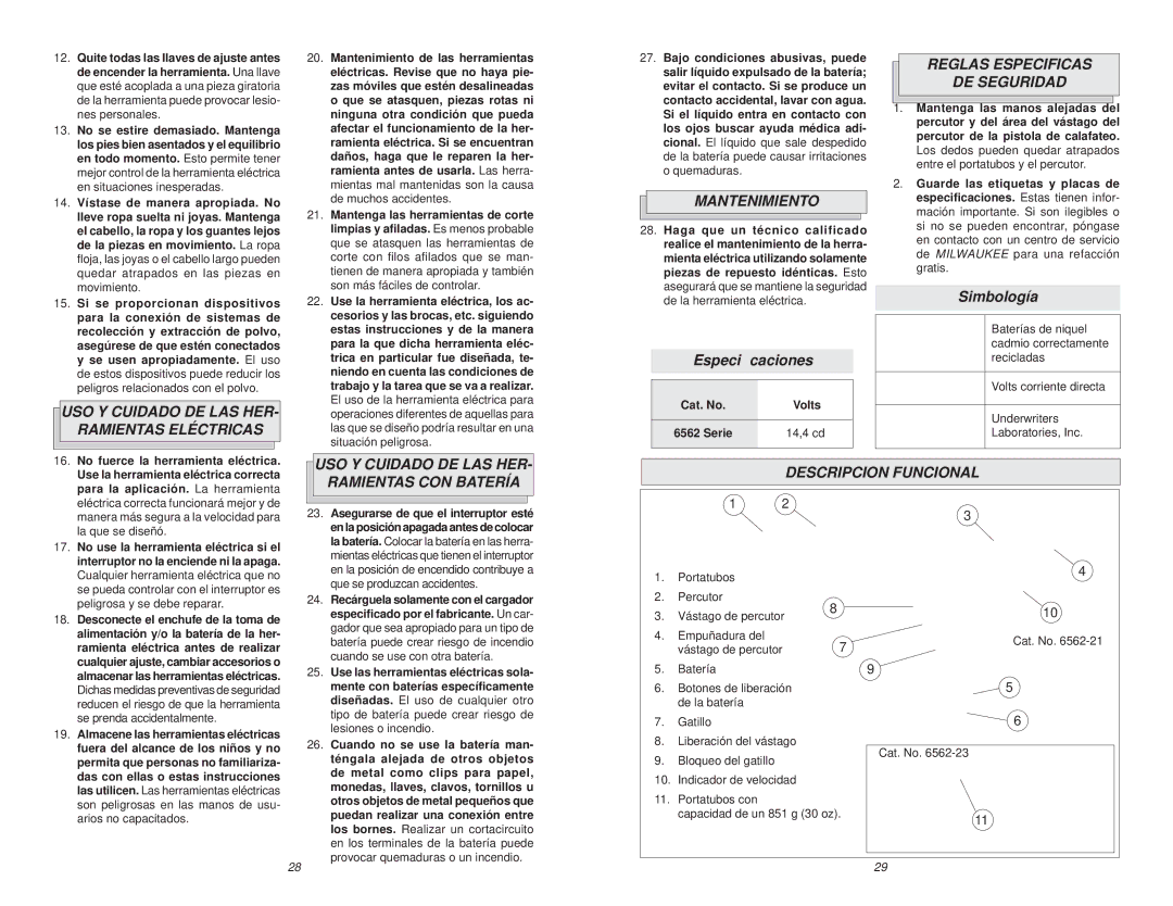 Milwaukee 6562 manual USO Y Cuidado DE LAS HER Ramientas Eléctricas, Mantenimiento, Reglas Especificas DE Seguridad 