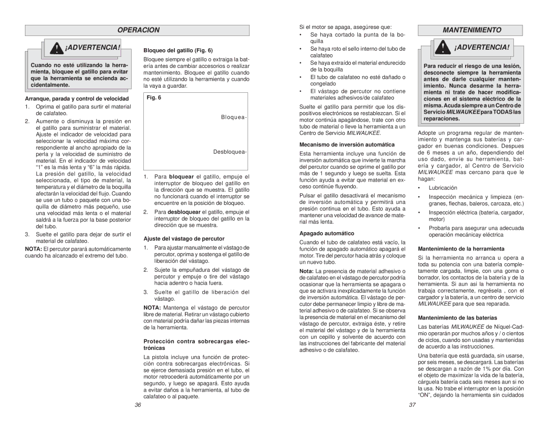 Milwaukee 6562 manual Operacion, Mantenimiento ¡ADVERTENCIA 