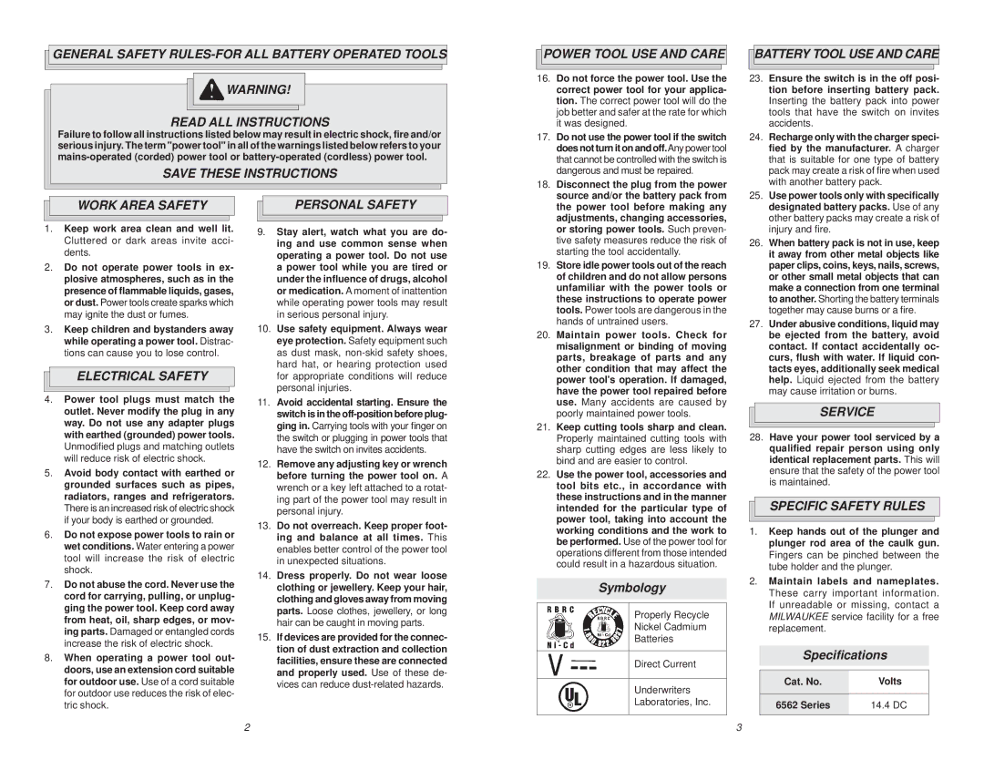 Milwaukee 6562 Power Tool USE and Care, Battery Tool USE and Care, Work Area Safety, Electrical Safety, Personal Safety 