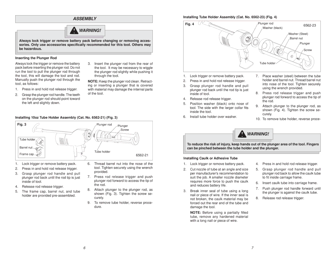 Milwaukee 6562 manual Inserting the Plunger Rod, Installing 10oz Tube Holder Assembly Cat. No -21 Fig 