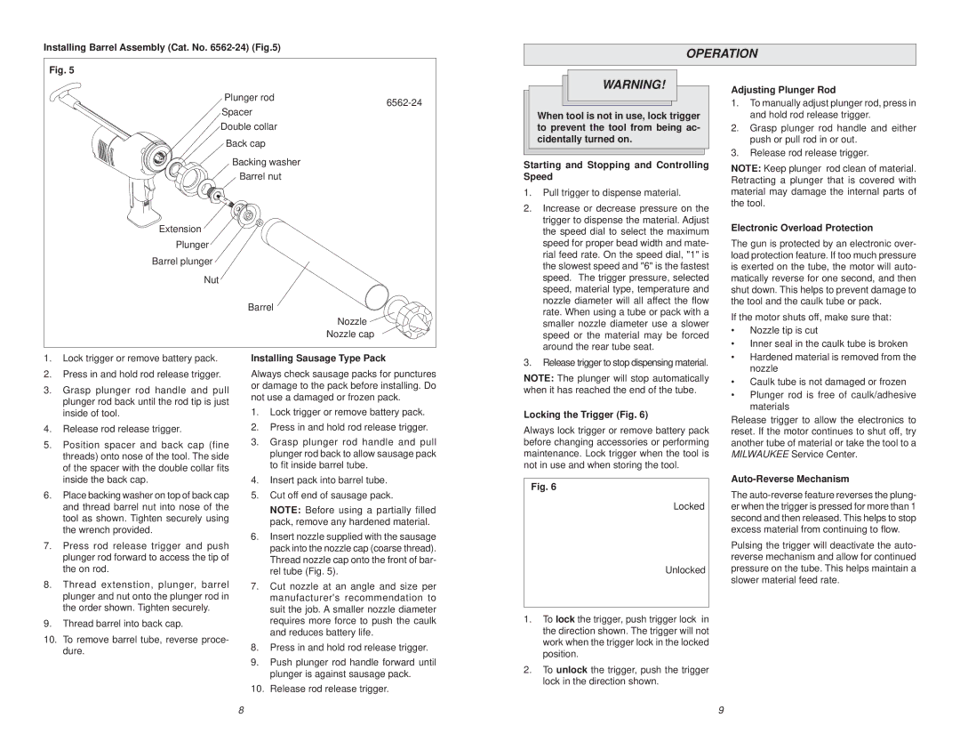 Milwaukee 6562 manual Operation 