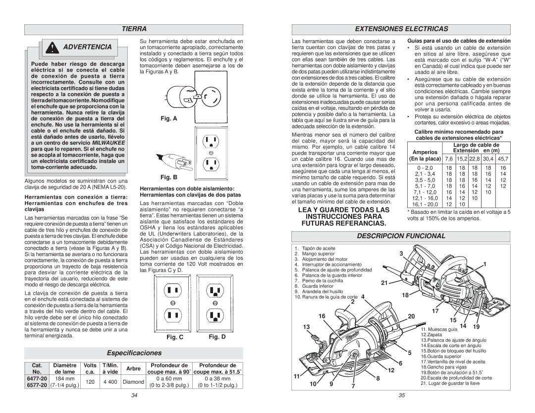 Milwaukee 6577-20, 6477-20 manual Tierra Extensiones Electricas Advertencia, Descripcion Funcional, Especiﬁcaciones 