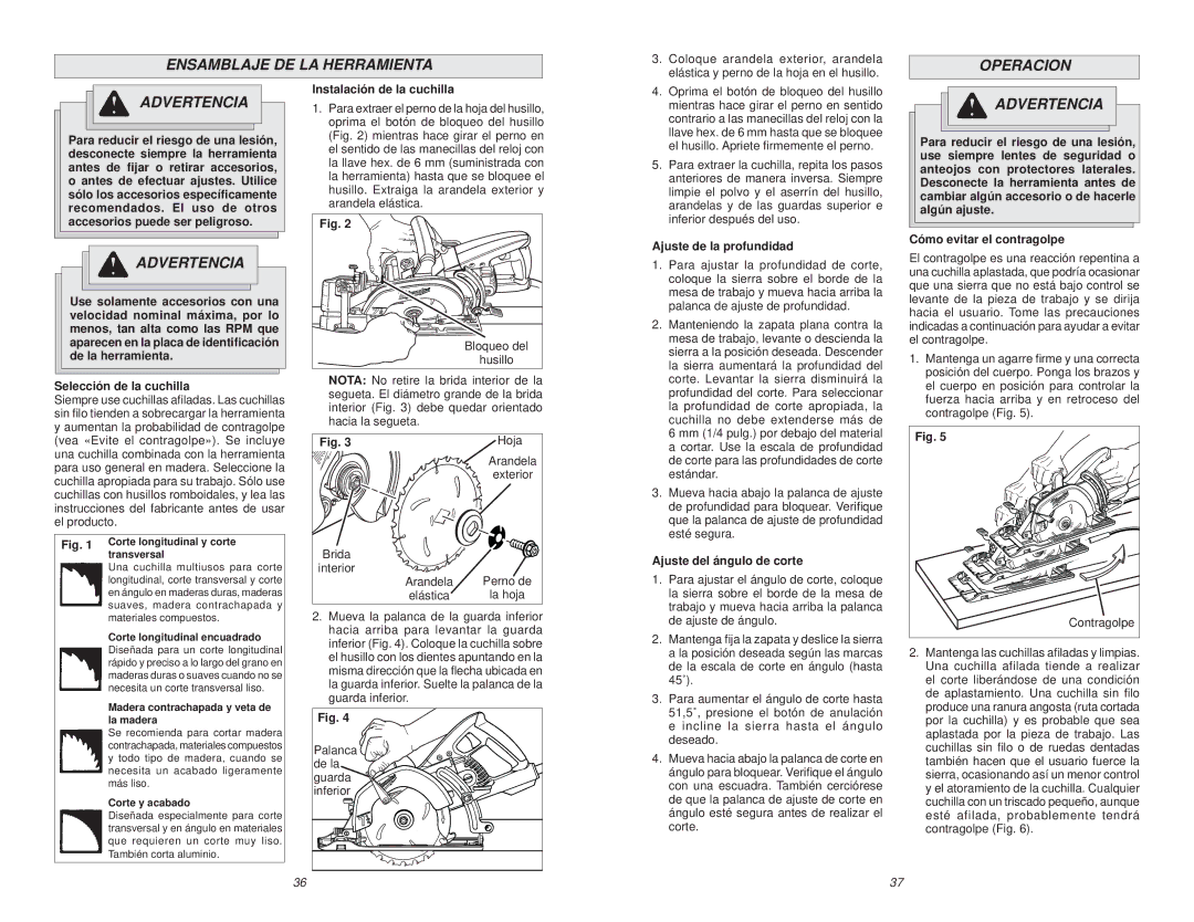 Milwaukee 6477-20, 6577-20, MILWAUKEE HEAVY-DUTY WORM DRIVE SAW manual Ensamblaje DE LA Herramienta, Operacion Advertencia 