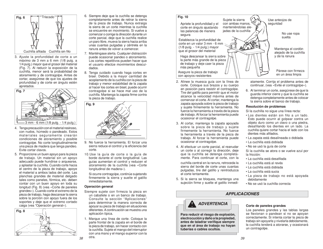 Milwaukee MILWAUKEE HEAVY-DUTY WORM DRIVE SAW, 6577-20 manual Applicaciones, Mm 6 mm 1/8 pulg. 1/4 pulg, Operación general 