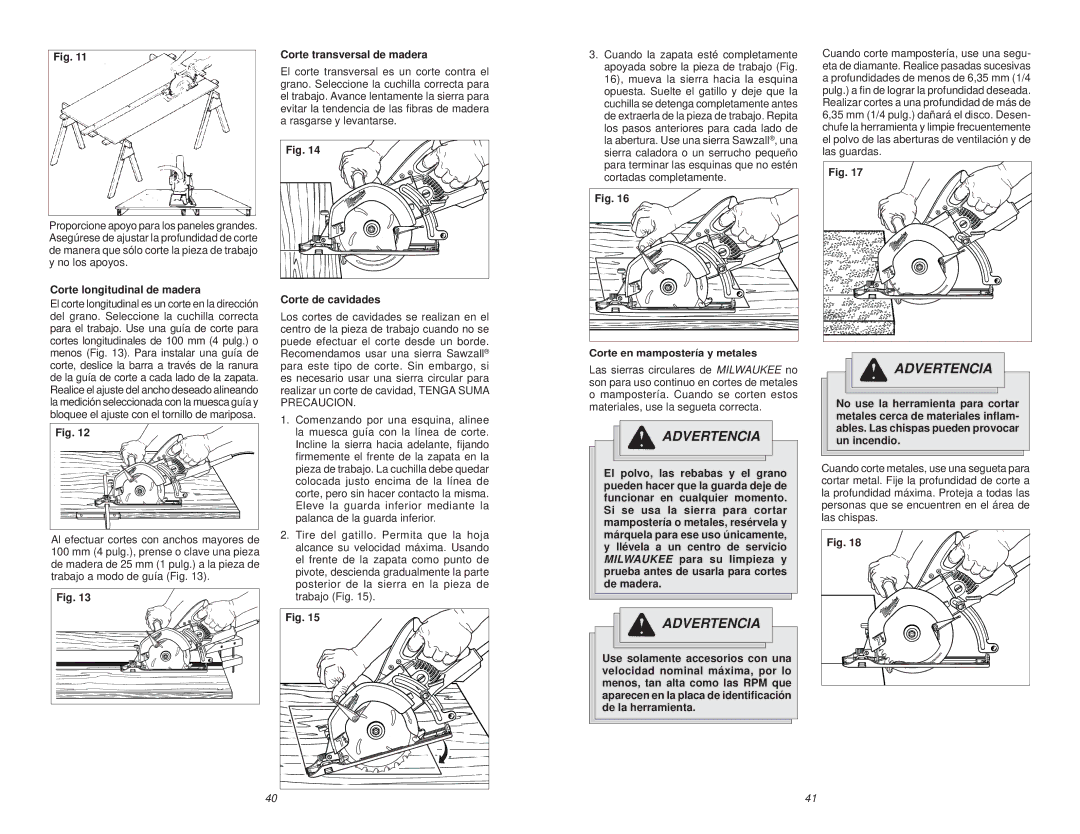 Milwaukee 6577-20, 6477-20 manual Corte longitudinal de madera, Corte transversal de madera, Corte de cavidades 