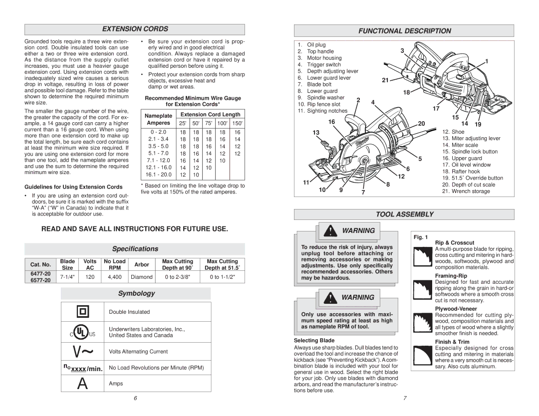 Milwaukee 6477-20, 6577-20 manual Extension Cords Functional Description, Tool Assembly, Speciﬁcations, Symbology 