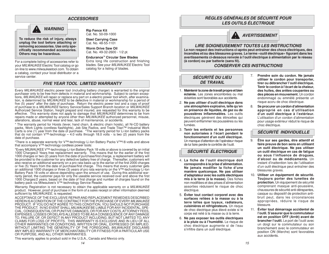 Milwaukee MILWAUKEE HEAVY-DUTY WORM DRIVE SAW Accessories Règles Générales DE Sécurité Pour, Conserver CES Instructions 