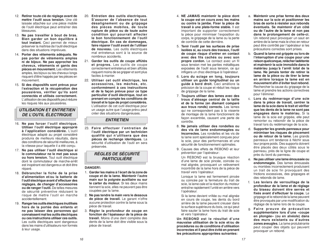 Milwaukee 6577-20, 6477-20 Utilisation ET Entretien DE L’OUTIL Électrique, Règles DE Sécurité Particulière, Leur usage 