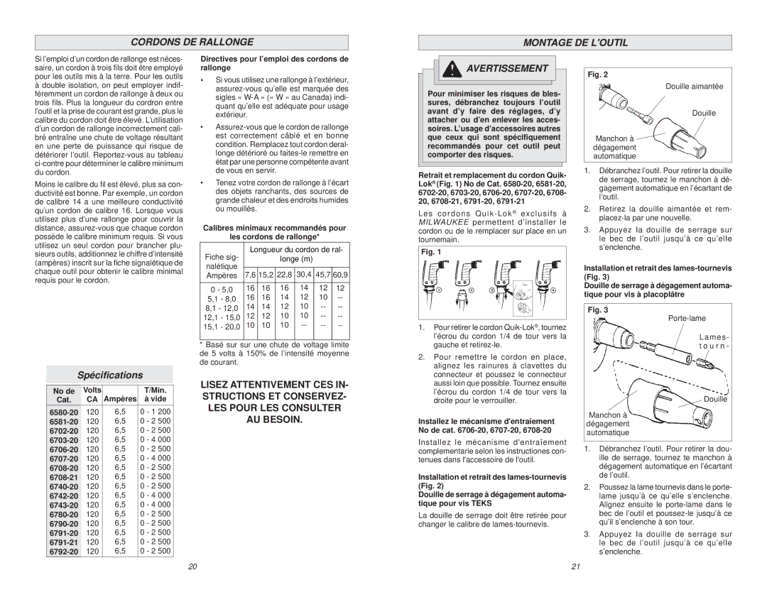 Milwaukee 6708-20, 6740-20, 6792-20, 6791-21, 6790-20, 6707-20, 6708-21 Cordons DE Rallonge Montage DE Loutil, Spéciﬁcations 