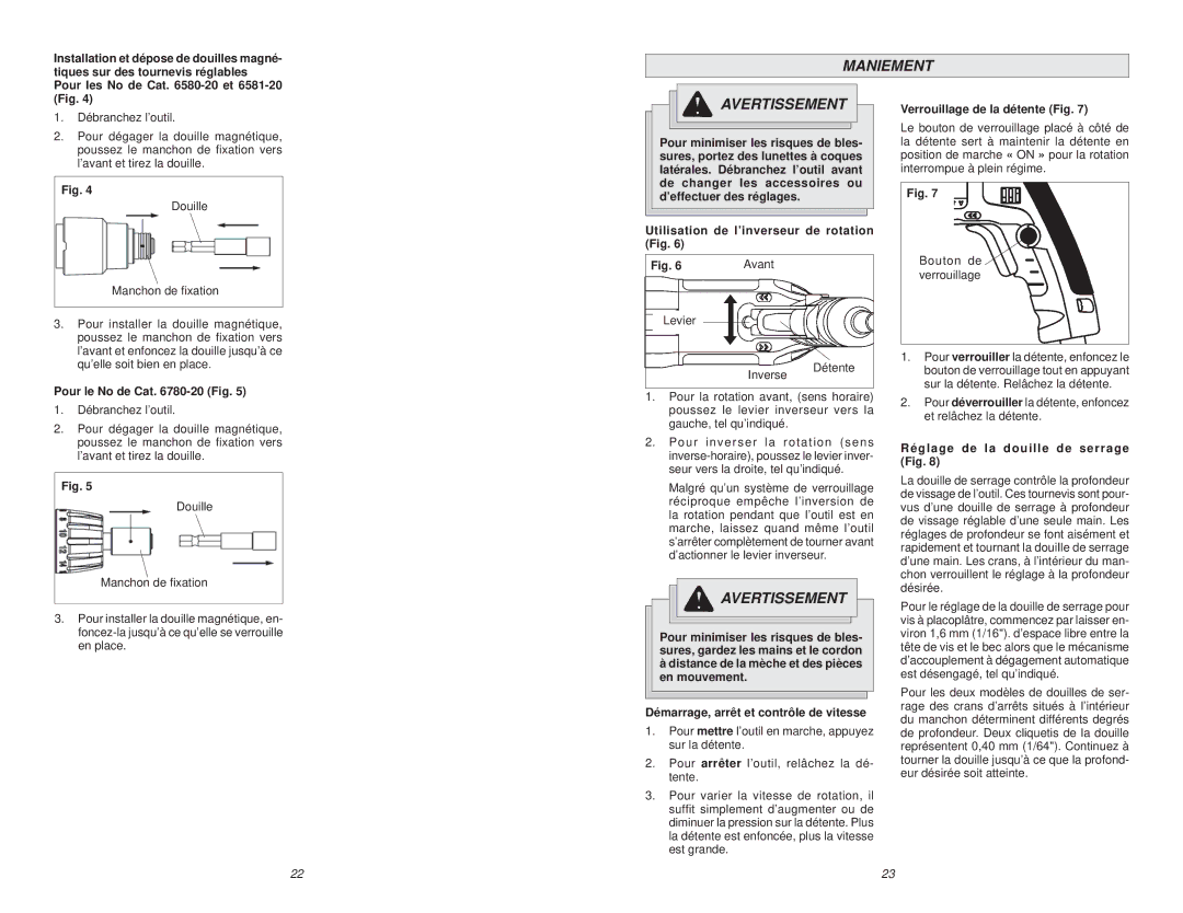 Milwaukee 6706-20, 6740-20, 6792-20 manual Maniement, Pour le No de Cat -20 Fig, Utilisation de l’inverseur de rotation Fig 