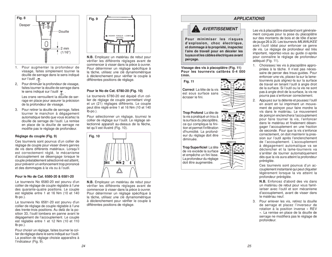 Milwaukee 6703-20, 6740-20, 6792-20 Deeper Douille Mm 1/16, Sur l’outil, Le sens indiqué sur l’outil, Réglage du couple Fig 