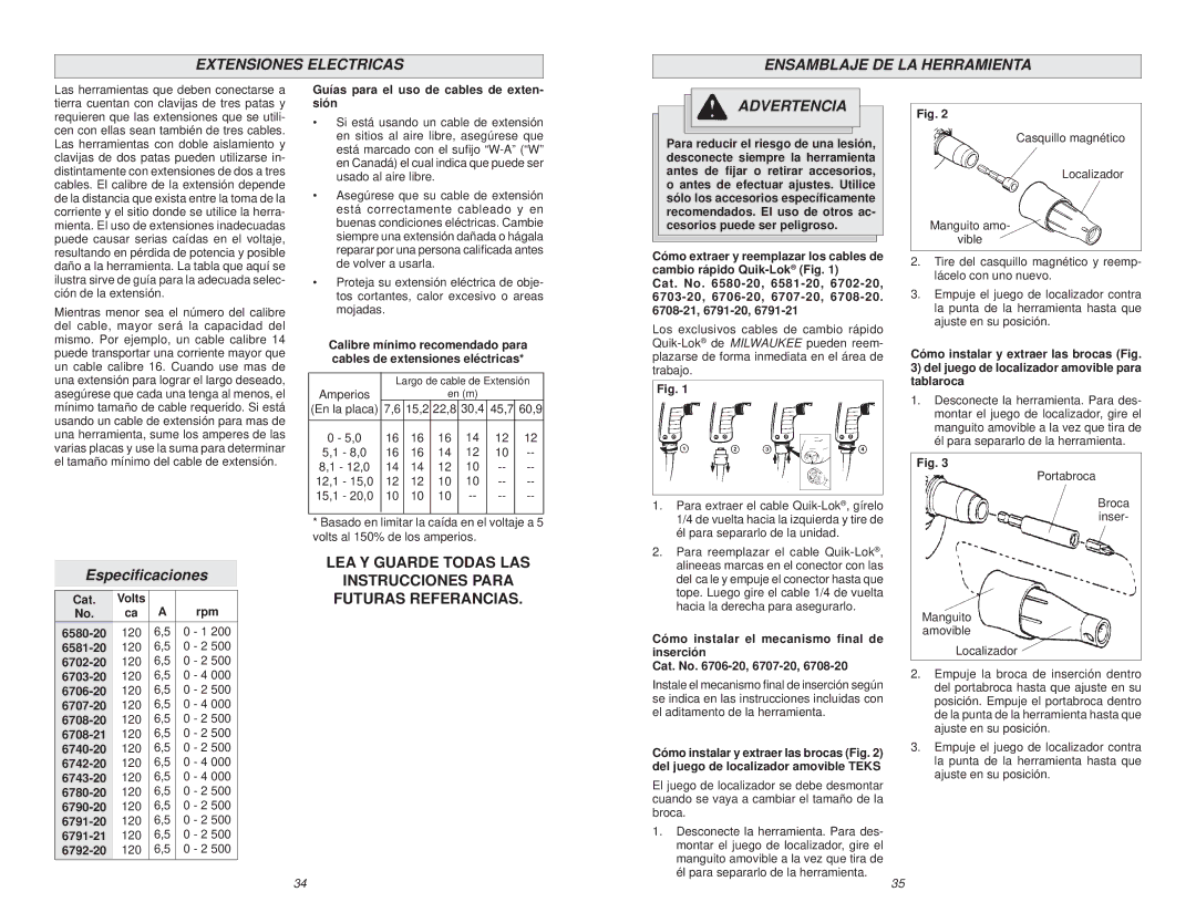 Milwaukee 6791-21, 6740-20, 6792-20, 6790-20 manual Extensiones Electricas Ensamblaje DE LA Herramienta, Especiﬁcaciones, Cat 