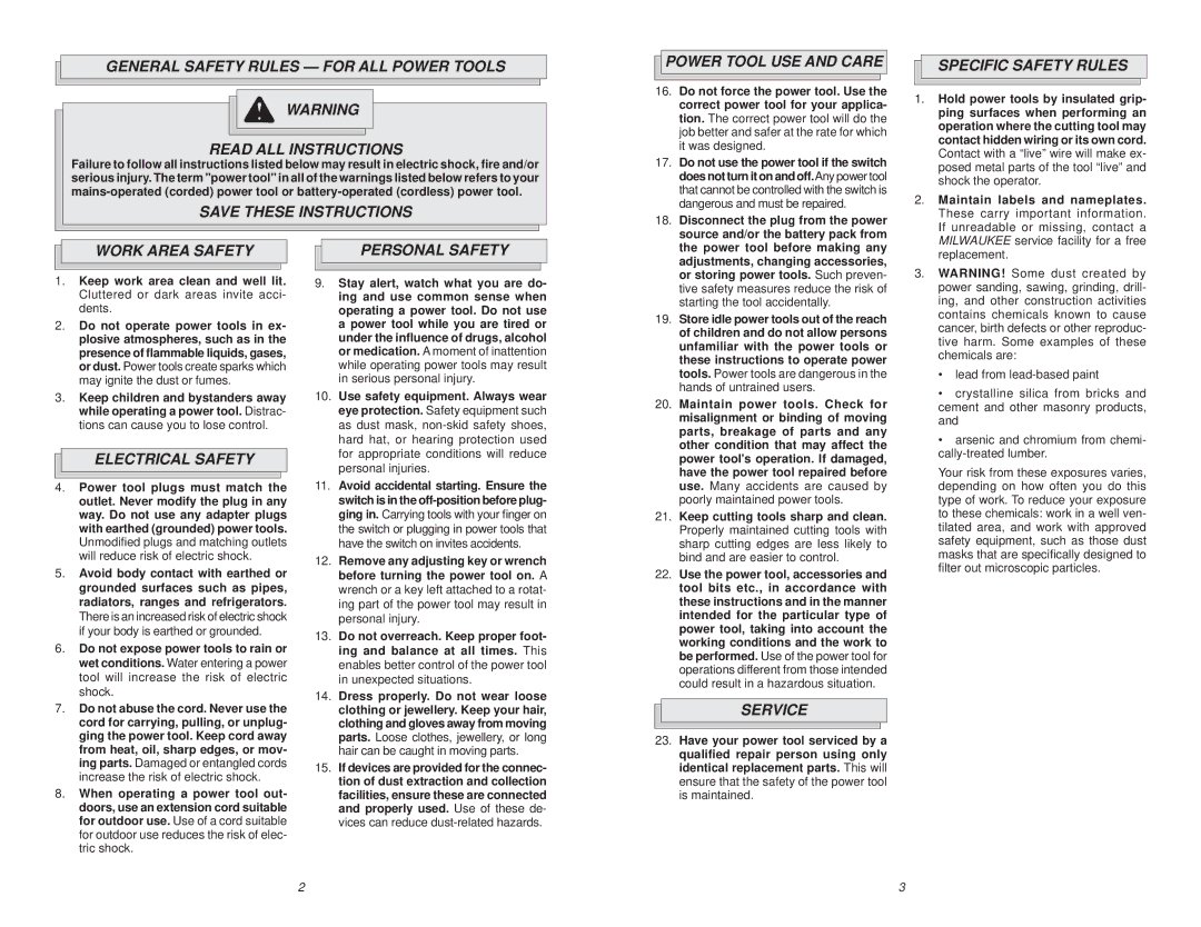 Milwaukee 6791-21 Power Tool USE and Care, Specific Safety Rules, Work Area Safety, Electrical Safety Personal Safety 