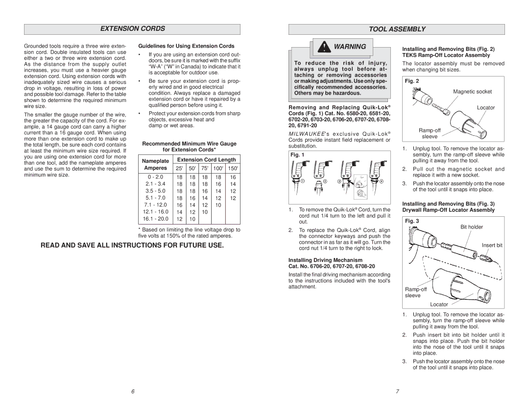 Milwaukee 6707-20, 6740-20, 6792-20, 6791-21, 6790-20 Extension Cords Tool Assembly, Guidelines for Using Extension Cords 