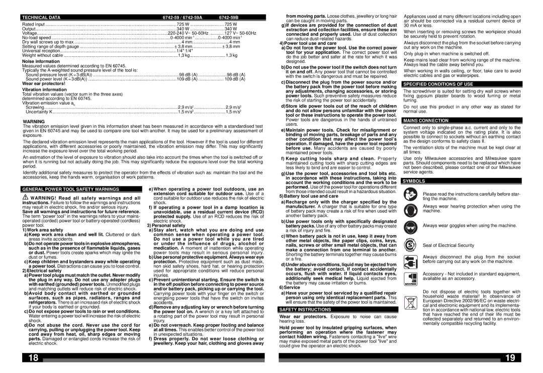 Milwaukee 6742-59A, 6742-59B manual Technical Data, Specified Conditions of USE, Mains Connection, Safety Instructions 