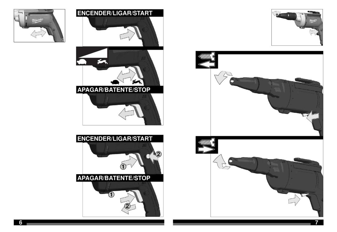 Milwaukee 6742-59A, 6742-59B manual Encender/Ligar/Start Apagar/Batente/Stop 