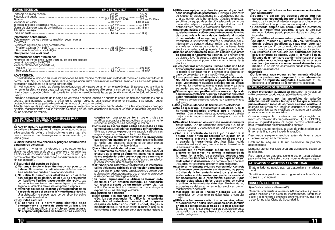 Milwaukee 6742-59 Datos Técnicos, Instrucciones DE Seguridad, Aplicación DE Acuerdo a LA Finalidad, Conexión Eléctrica 