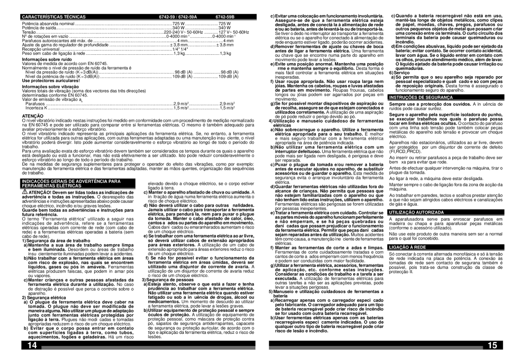 Milwaukee 6742-59B, 6742-59A manual Características Técnicas, Instruções DE Segurança, Utilização Autorizada, Ligação À Rede 