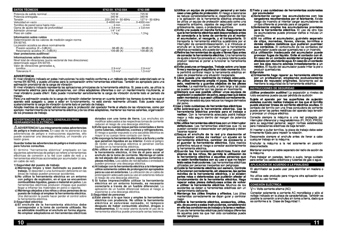 Milwaukee manual Datos Técnicos, 6742-59 / 6742-59A, 6742-59B, Instrucciones De Seguridad, Conexión Eléctrica 