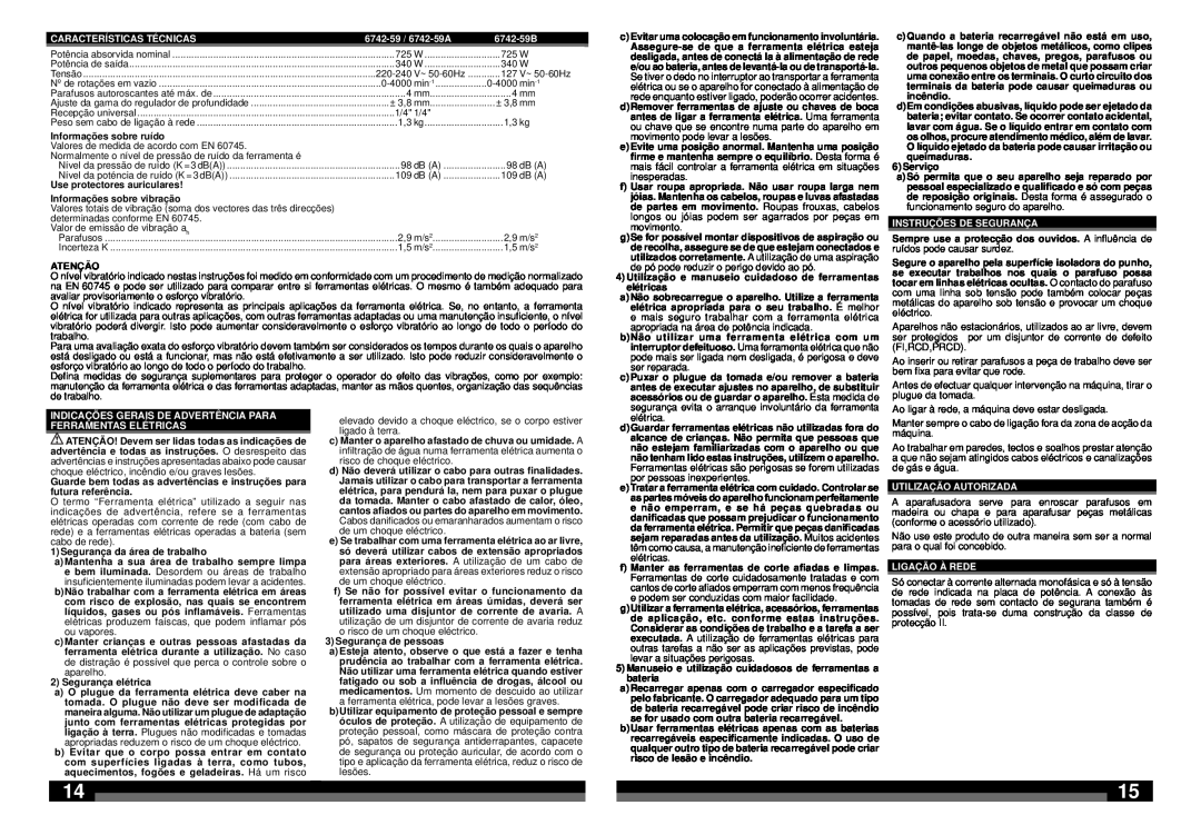 Milwaukee 6742-59B manual Características Técnicas, 6742-59 / 6742-59A, Instruções De Segurança, Utilização Autorizada 