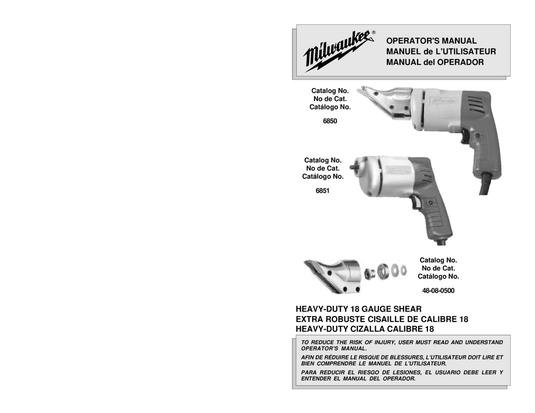 Milwaukee 6850, 6851, 48-08-0500 manual Operators Manual 